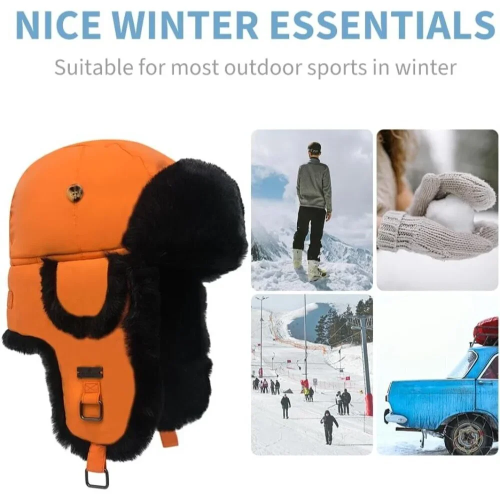 Unisex Orange Taslon Faux Fur Aviator Ski Trooper Pilot Ear Flaps Hat